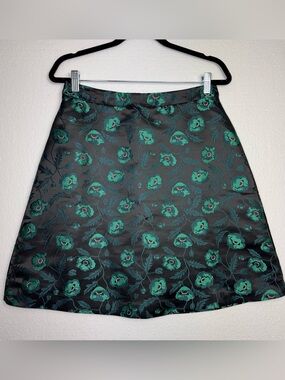 J.Crew Factory "A-Line Party Skirt" green and black floral jacquard pattern Sz 6